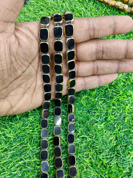Luxury Gold-Framed Flat Square Black Gemstone Beads