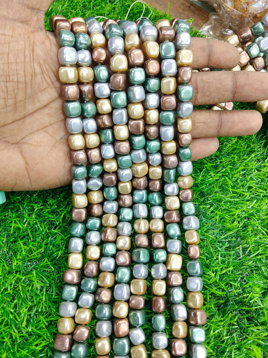 Metallic Multi-Tone Cube Beads String | Bronze, Sage Green & Grey Pearl Finish Square Beads