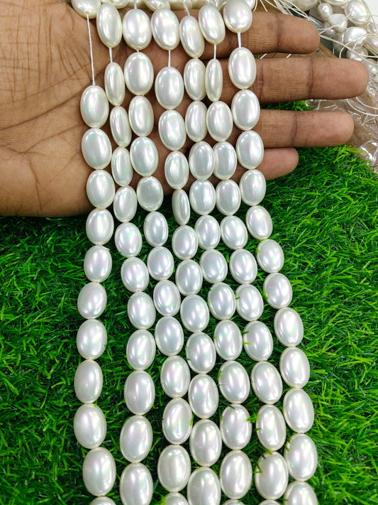 High Luster White Oval Rice Pearl Beads String | Flattened Smooth White Beads for Jewelry Making