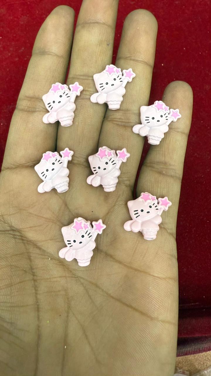 10 Pcs Pink & White Star Kitty Beads