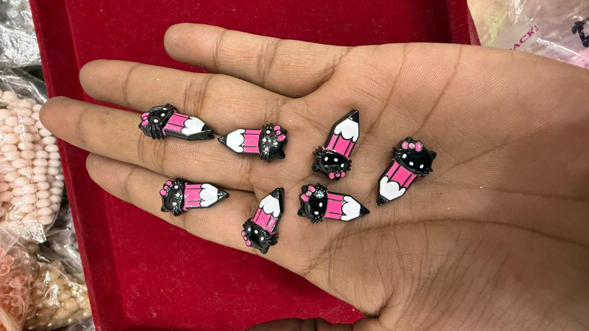 Black & Pink Cat Character Pencil Resin Beads (Pack of 10)