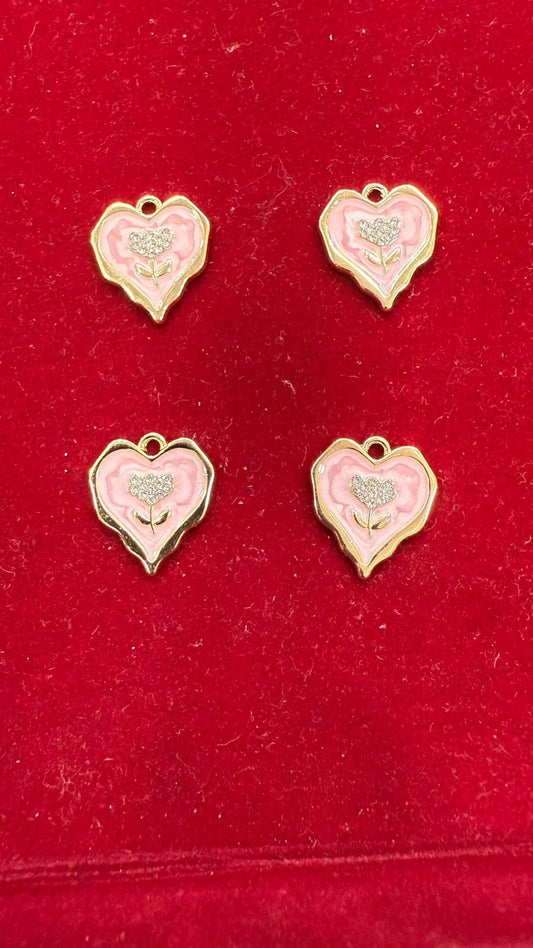 Anti Tarnish Pink & Gold Enamel Heart Charms with Flower Detail (Pack of 10)