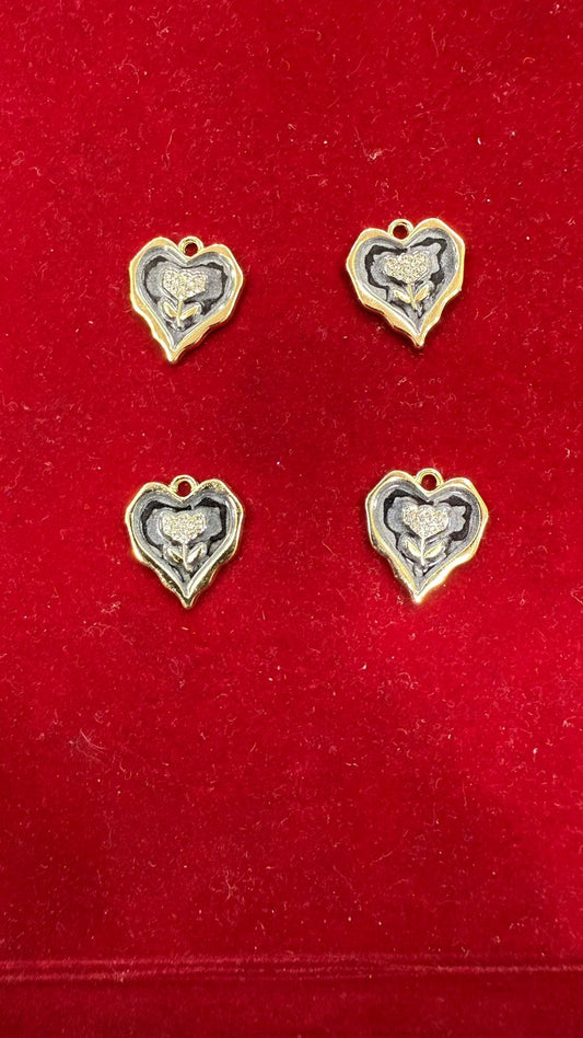 Dark Gray & Gold Enamel Heart Charms with Flower Detail (Pack of 10)
