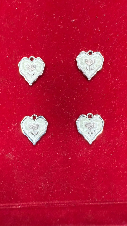 Anti Tarnish White & Silver Enamel Heart Charms with Flower Detail (Pack of 10)