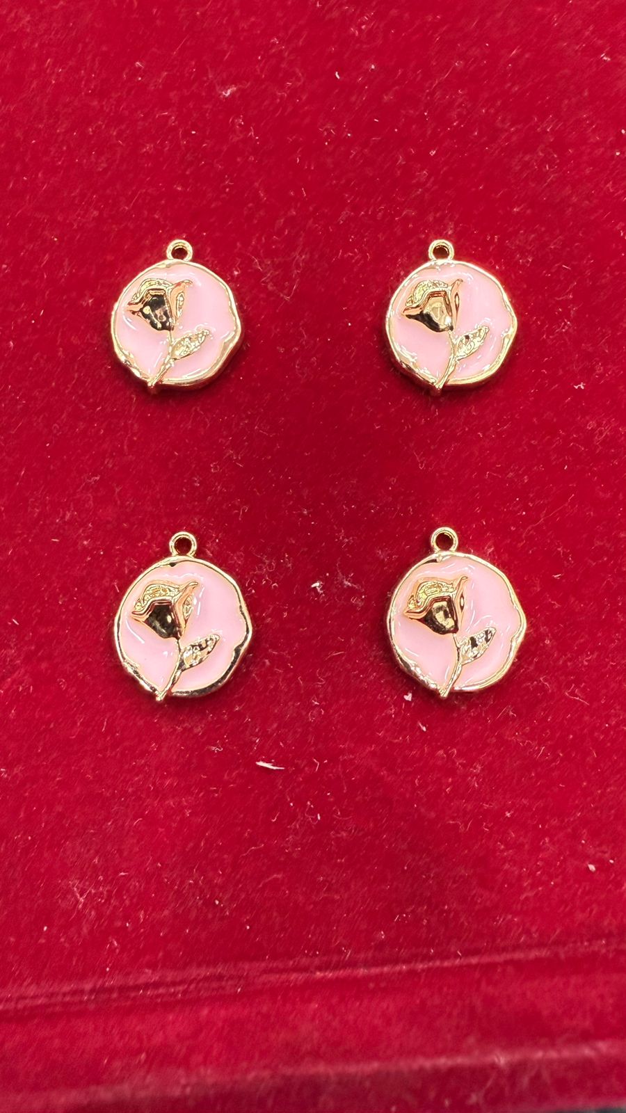 Enamel Rose Flower Charms - Light Pink & Gold-Tone Round Pendants (Pack of 10)