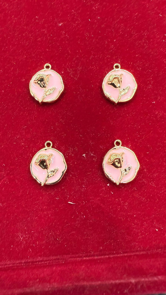 Enamel Rose Flower Charms - Light Pink & Gold-Tone Round Pendants (Pack of 10)