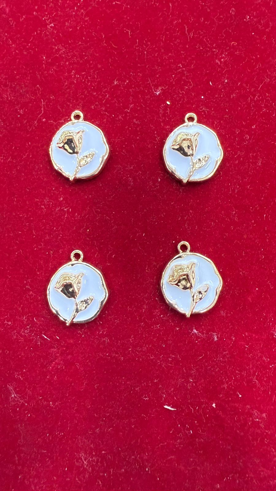Enamel Rose Flower Charms - White/Off-White & Gold-Tone Round Pendants (Pack of 10)