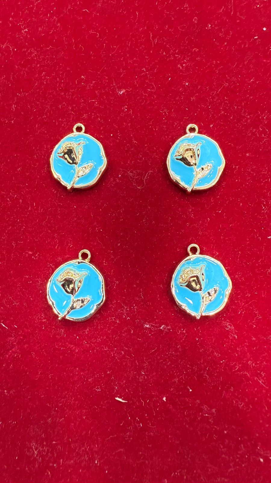 Enamel Rose Flower Charms - Bright Blue & Gold-Tone Round Pendants (Pack of 10)