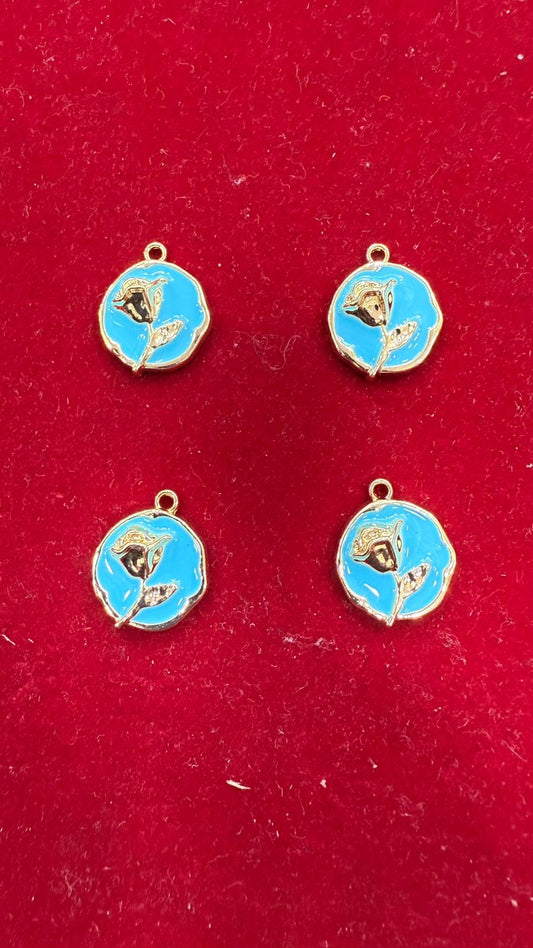 Enamel Rose Flower Charms - Bright Blue & Gold-Tone Round Pendants (Pack of 10)