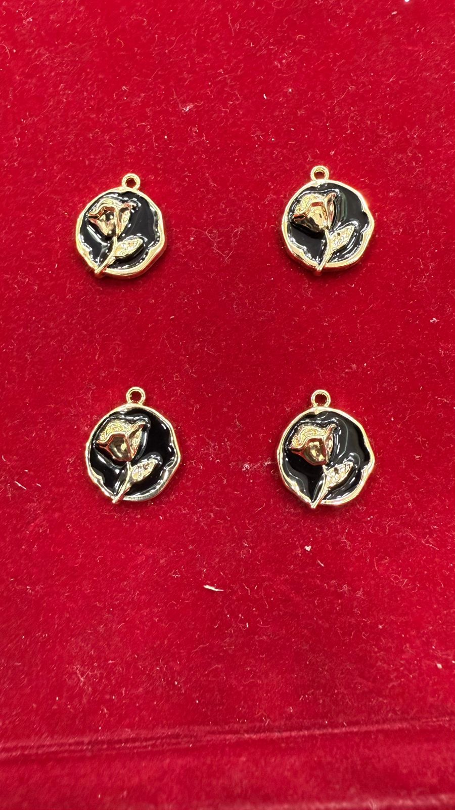 Enamel Rose Flower Charms - Black & Gold-Tone Round Pendants (Pack of 10)
