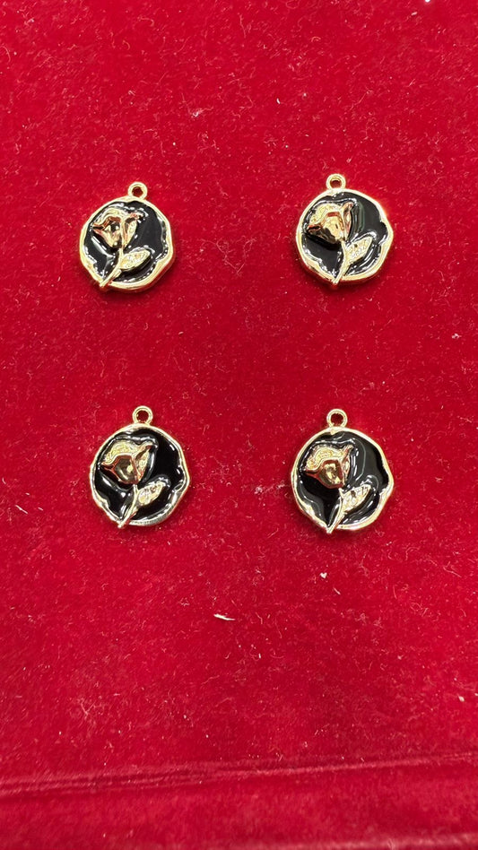 Enamel Rose Flower Charms - Black & Gold-Tone Round Pendants (Pack of 10)