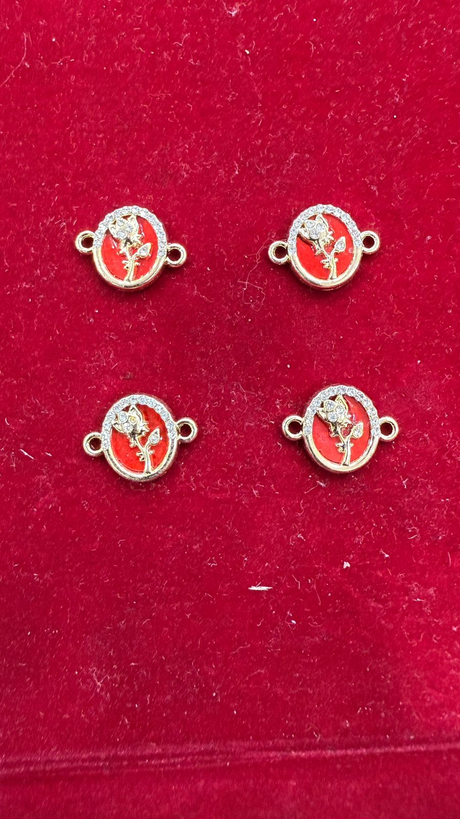 Rhinestone Rose Connector Charms - Red Enamel Gold-Tone Bracelet Links (Pack of 10)