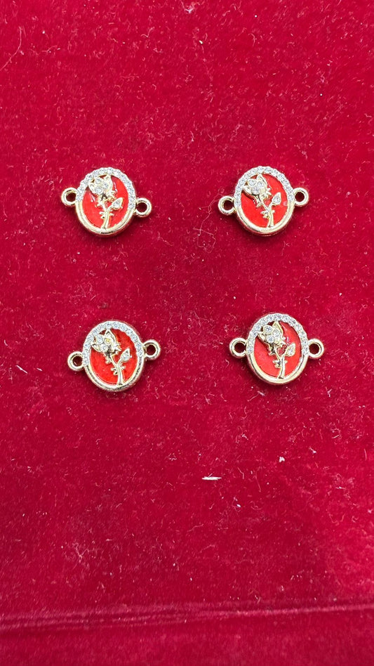 Rhinestone Rose Connector Charms - Red Enamel Gold-Tone Bracelet Links (Pack of 10)