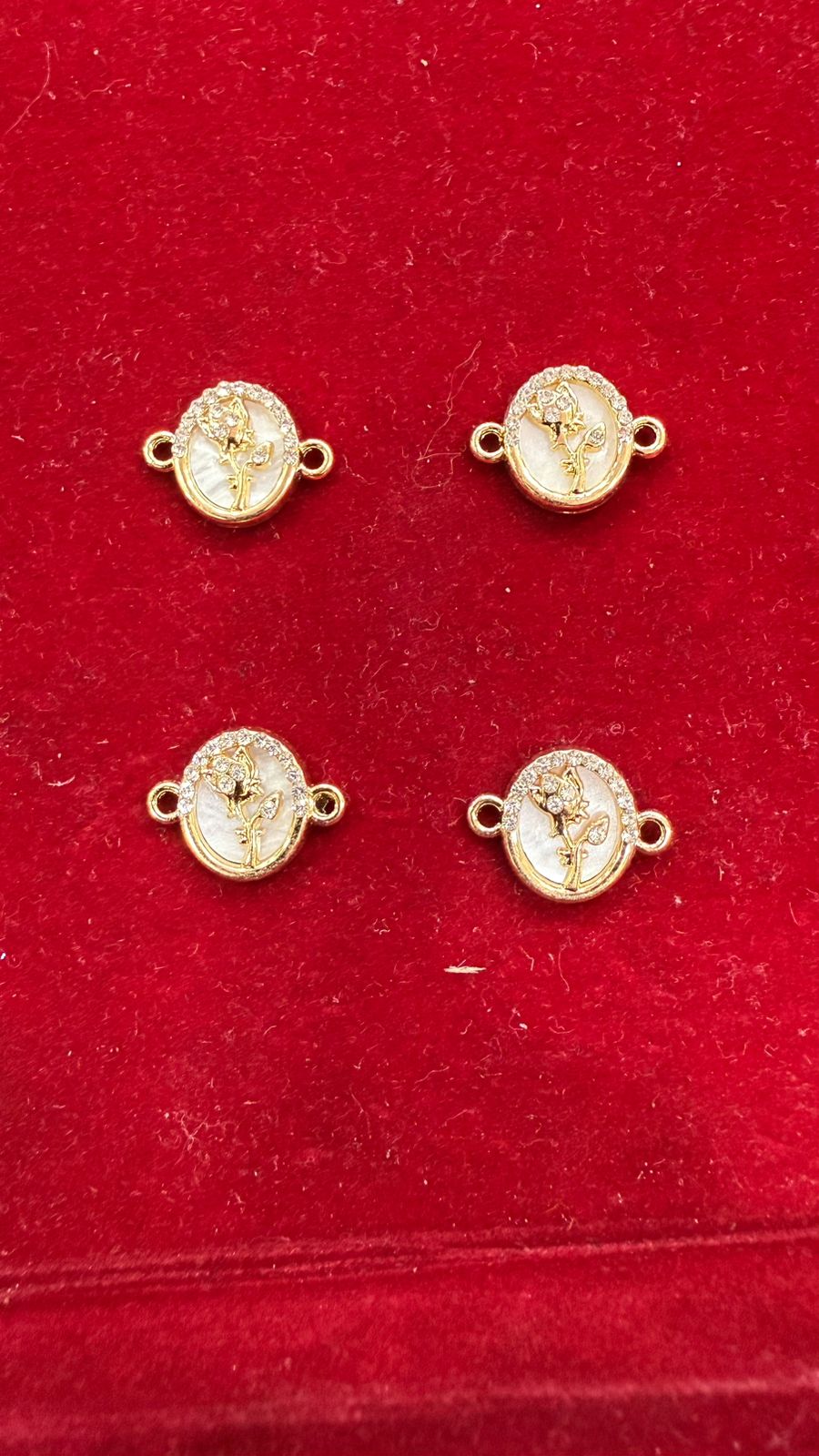 Rhinestone Rose Connector Charms - White Mother-of-Pearl Effect Gold-Tone Links (Pack of 10)