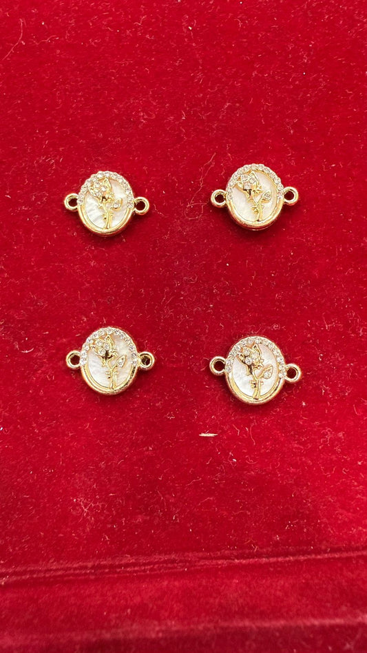 Rhinestone Rose Connector Charms - White Mother-of-Pearl Effect Gold-Tone Links (Pack of 10)