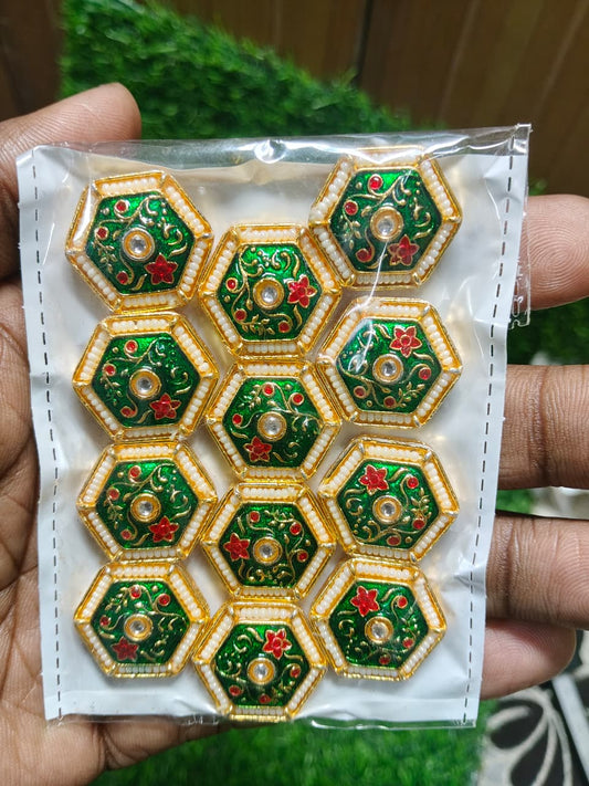 Kundan Enamel Hexagon Beads – (Pack of 12)