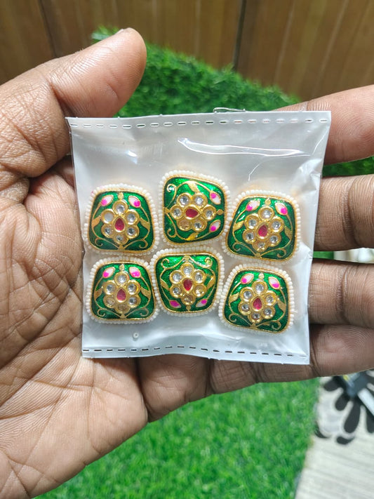 Green Kundan Enamel Designer Beads – (Pack of 6)
