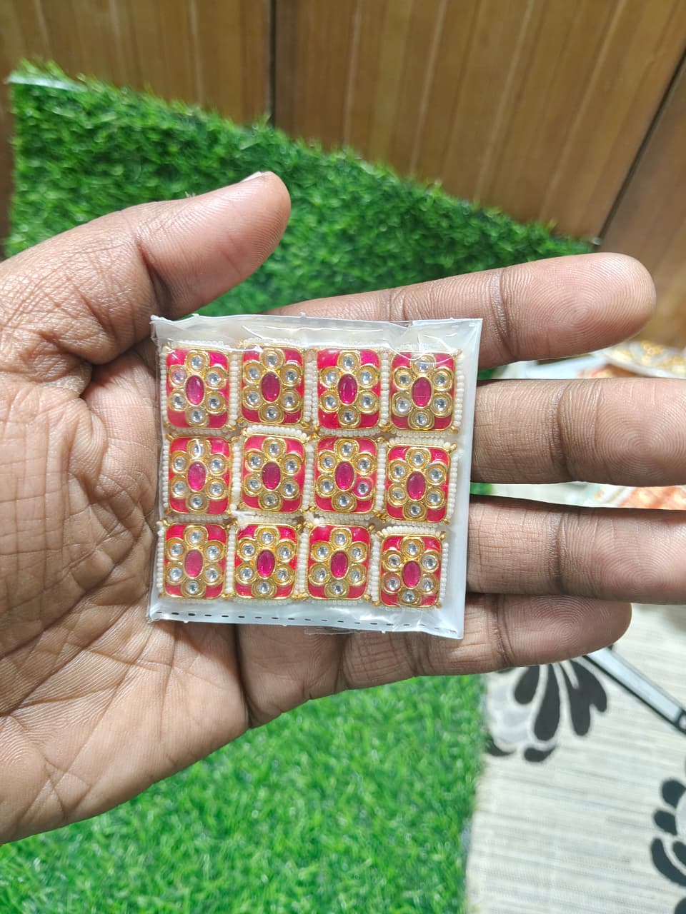 Pink Kundan Stone Beads for Jewelry Making and Craft Work - (Pack Of 12)