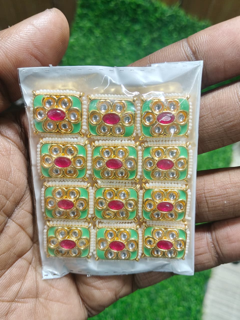 Green Kundan Stone Beads for Jewelry Making and Craft Work - (Pack Of 12)
