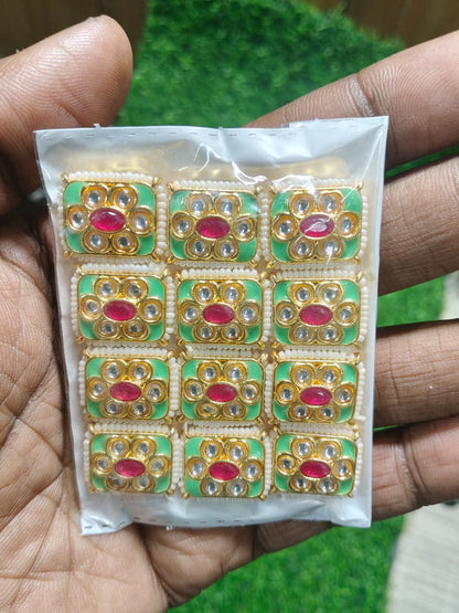 Green Kundan Stone Beads for Jewelry Making and Craft Work - (Pack Of 12)
