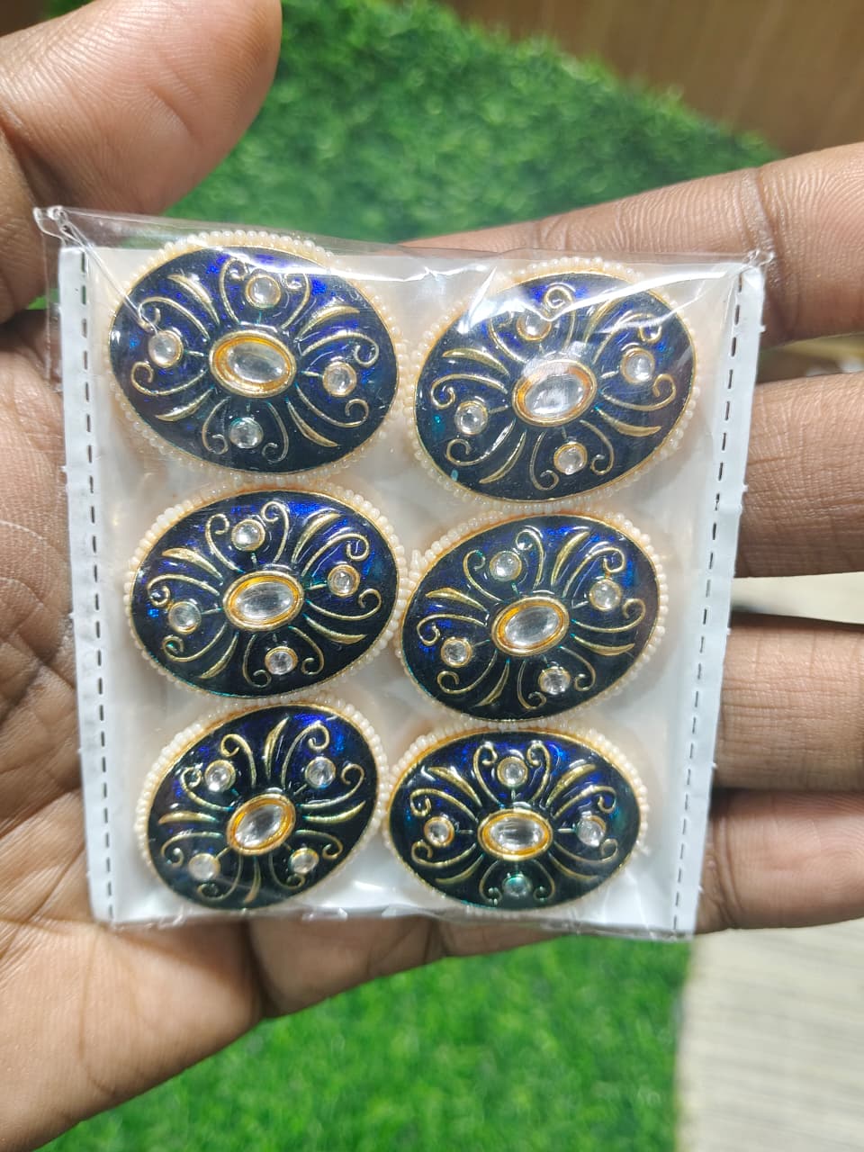 Dark Blue Kundan Oval Beads for Jewelry Making and Crafting - (Pack Of 6)