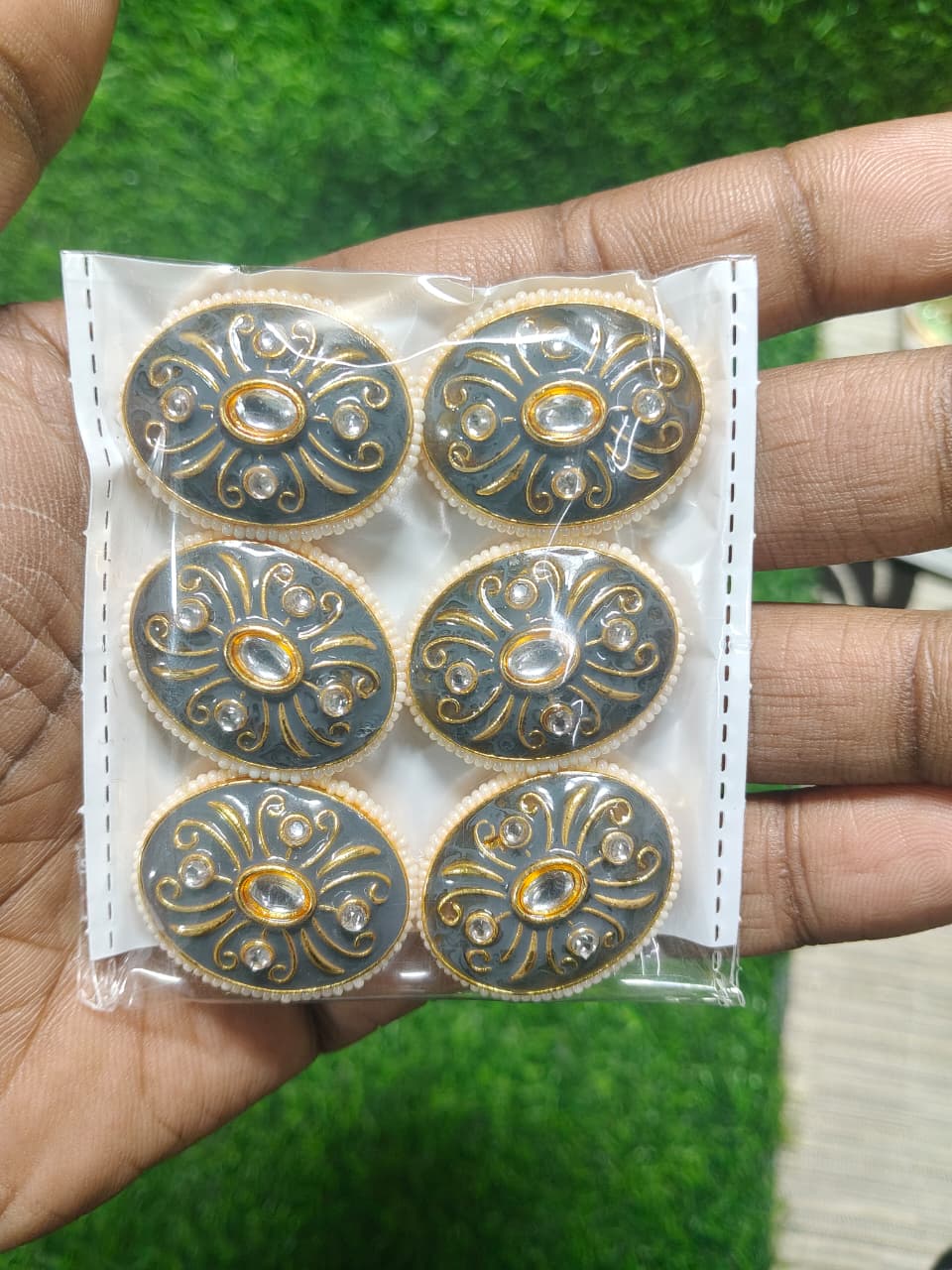 Grey Kundan Oval Beads for Jewelry Making and Crafting - (Pack Of 6)
