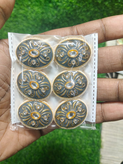 Grey Kundan Oval Beads for Jewelry Making and Crafting - (Pack Of 6)