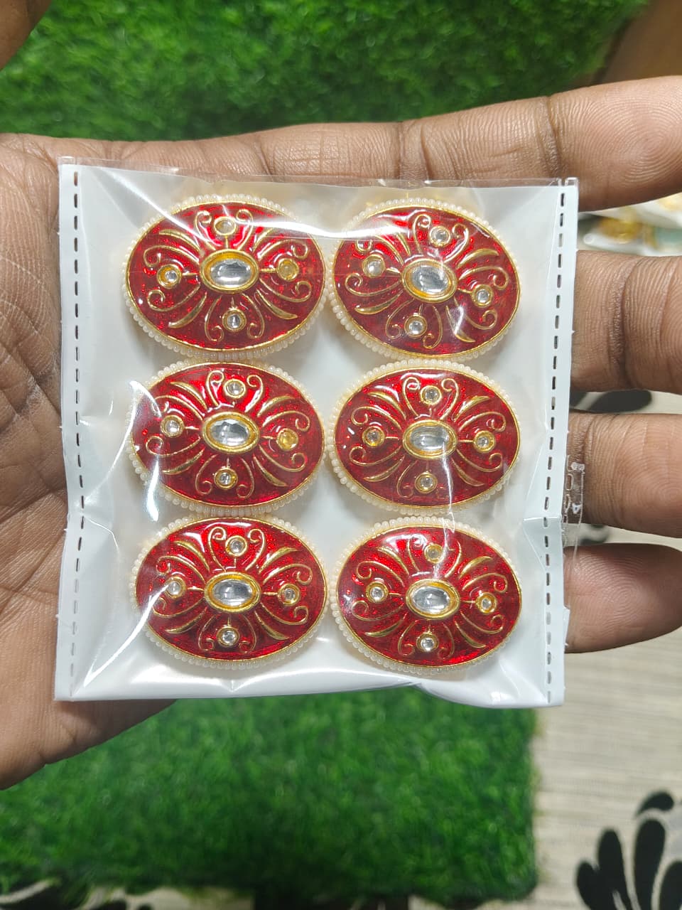 Red Kundan Oval Beads for Jewelry Making and Crafting - (Pack Of 6)