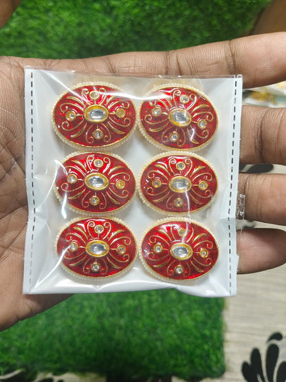 Red Kundan Oval Beads for Jewelry Making and Crafting - (Pack Of 6)