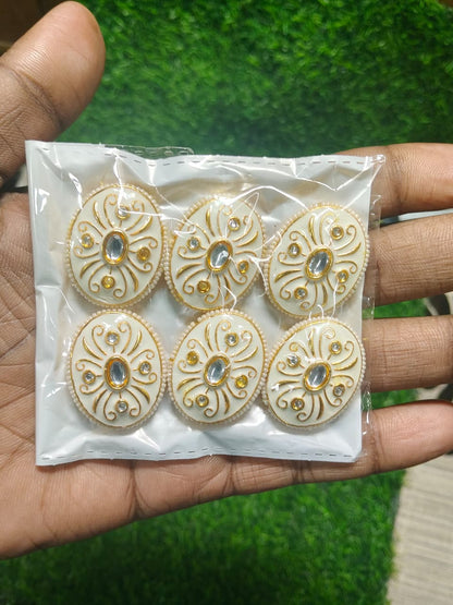 Kundan Oval Beads for Jewelry Making and Crafting - (Pack Of 6)
