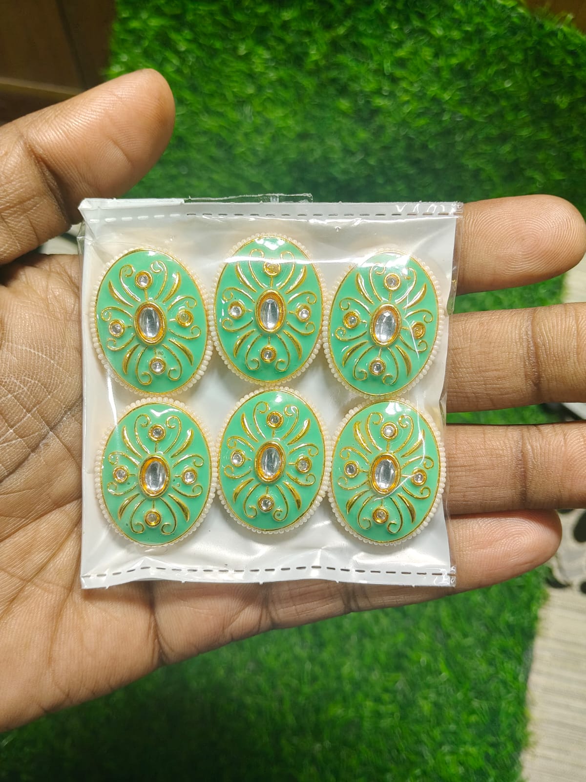 Green Kundan Oval Beads for Jewelry Making and Crafting - (Pack Of 6)
