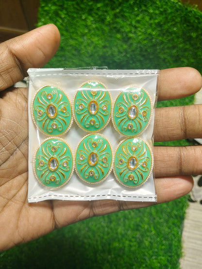 Green Kundan Oval Beads for Jewelry Making and Crafting - (Pack Of 6)