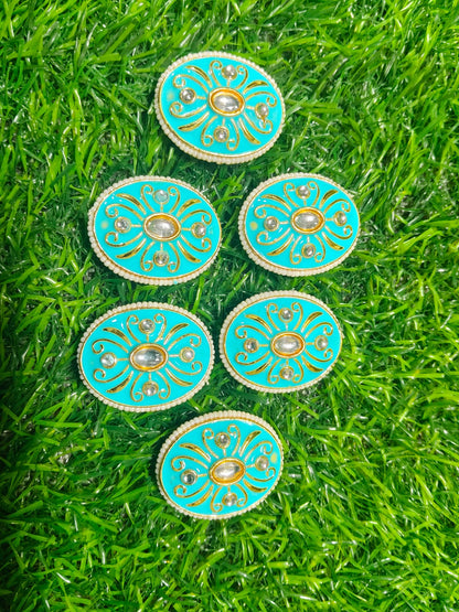 Sky Blue Kundan Oval Beads for Jewelry Making and Crafting - (Pack Of 6)