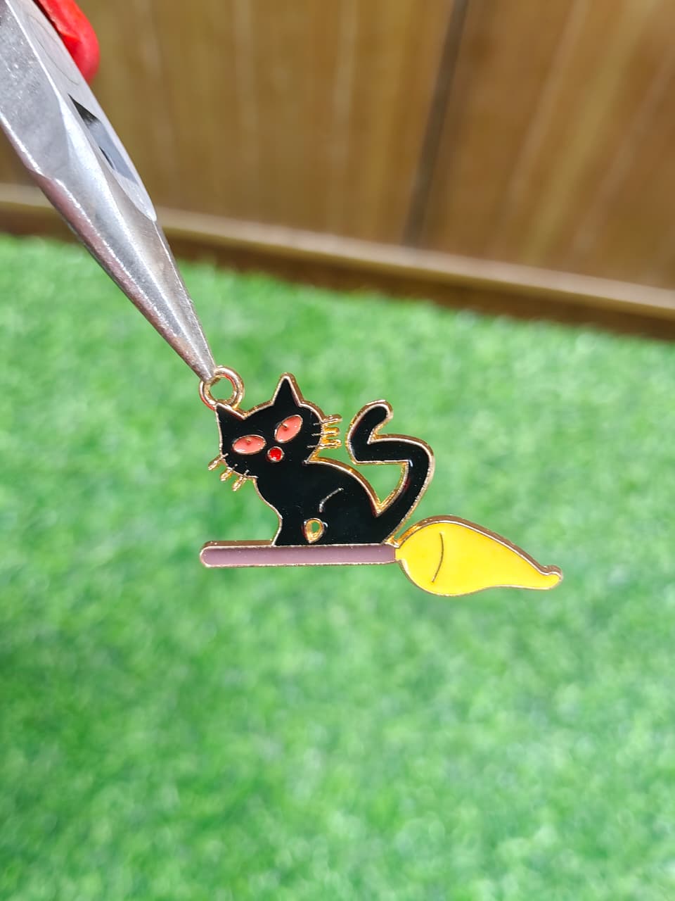 Black Cat on Broom Enamel Charm Metal Pendant for Jewelry Making