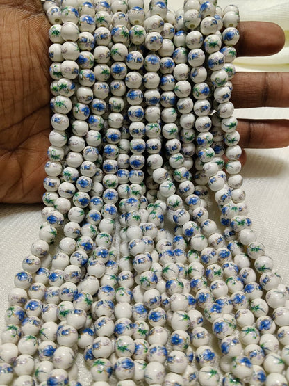 Printed Ceramic Beads Single String | White Round Floral Design Beads for Jewellery Making