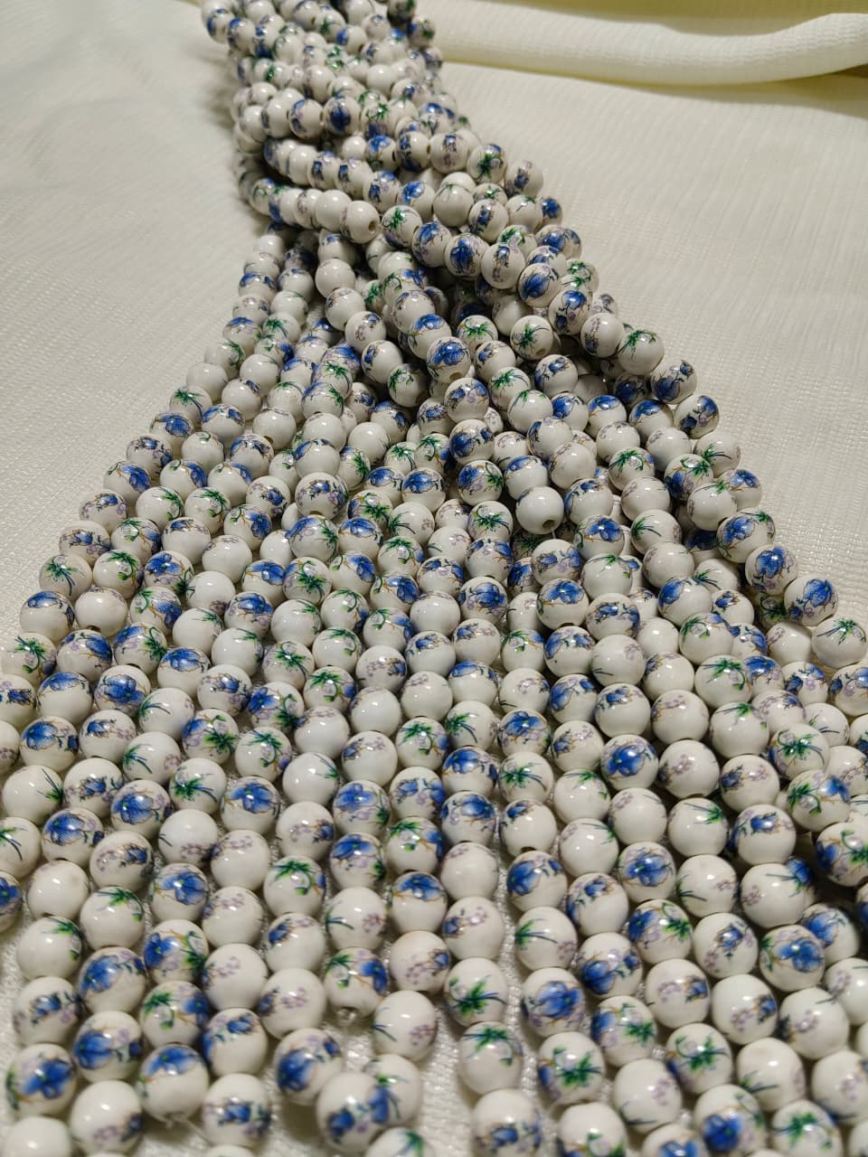Printed Ceramic Beads Single String | White Round Floral Design Beads for Jewellery Making