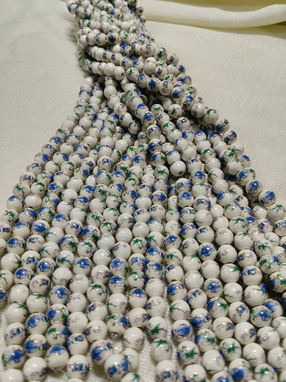 Printed Ceramic Beads Single String | White Round Floral Design Beads for Jewellery Making