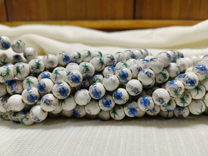 Printed Ceramic Beads Single String | White Round Floral Design Beads for Jewellery Making