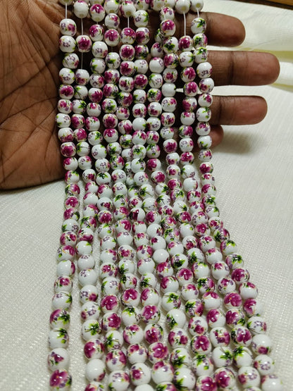 Printed Ceramic Beads Single String | White Round Floral Design Beads for Jewellery Making
