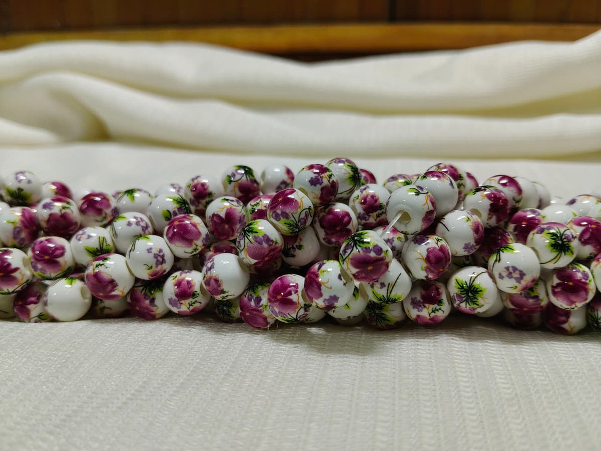 Printed Ceramic Beads Single String | White Round Floral Design Beads for Jewellery Making
