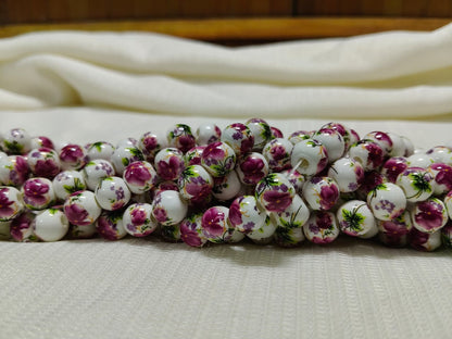 Printed Ceramic Beads Single String | White Round Floral Design Beads for Jewellery Making