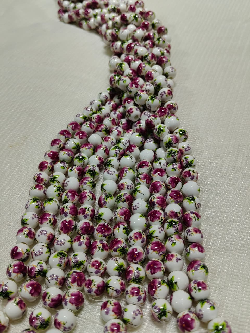 Printed Ceramic Beads Single String | White Round Floral Design Beads for Jewellery Making