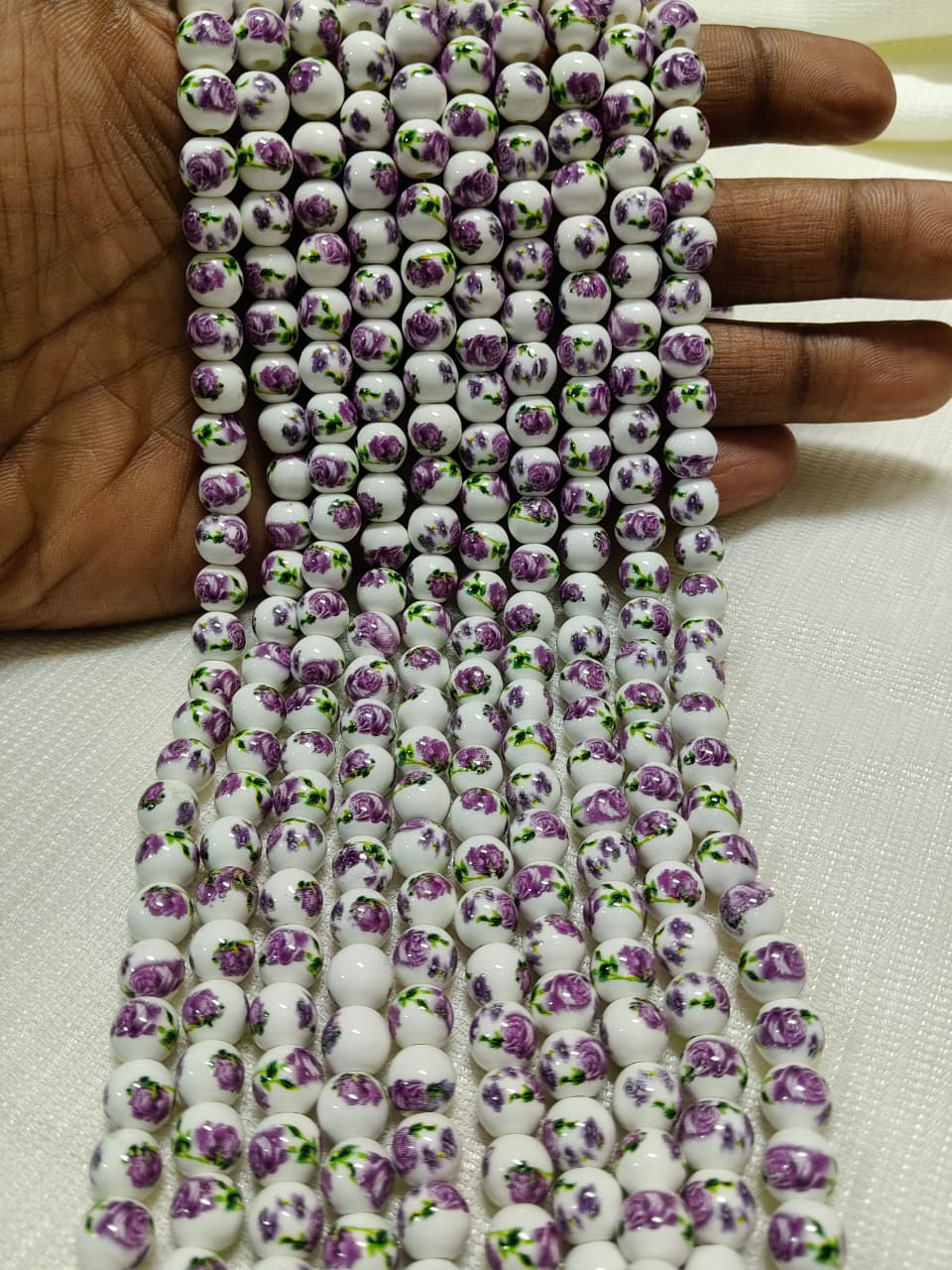 Printed Ceramic Beads Single String | White Round Floral Design Beads for Jewellery Making