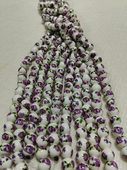 Printed Ceramic Beads Single String | White Round Floral Design Beads for Jewellery Making