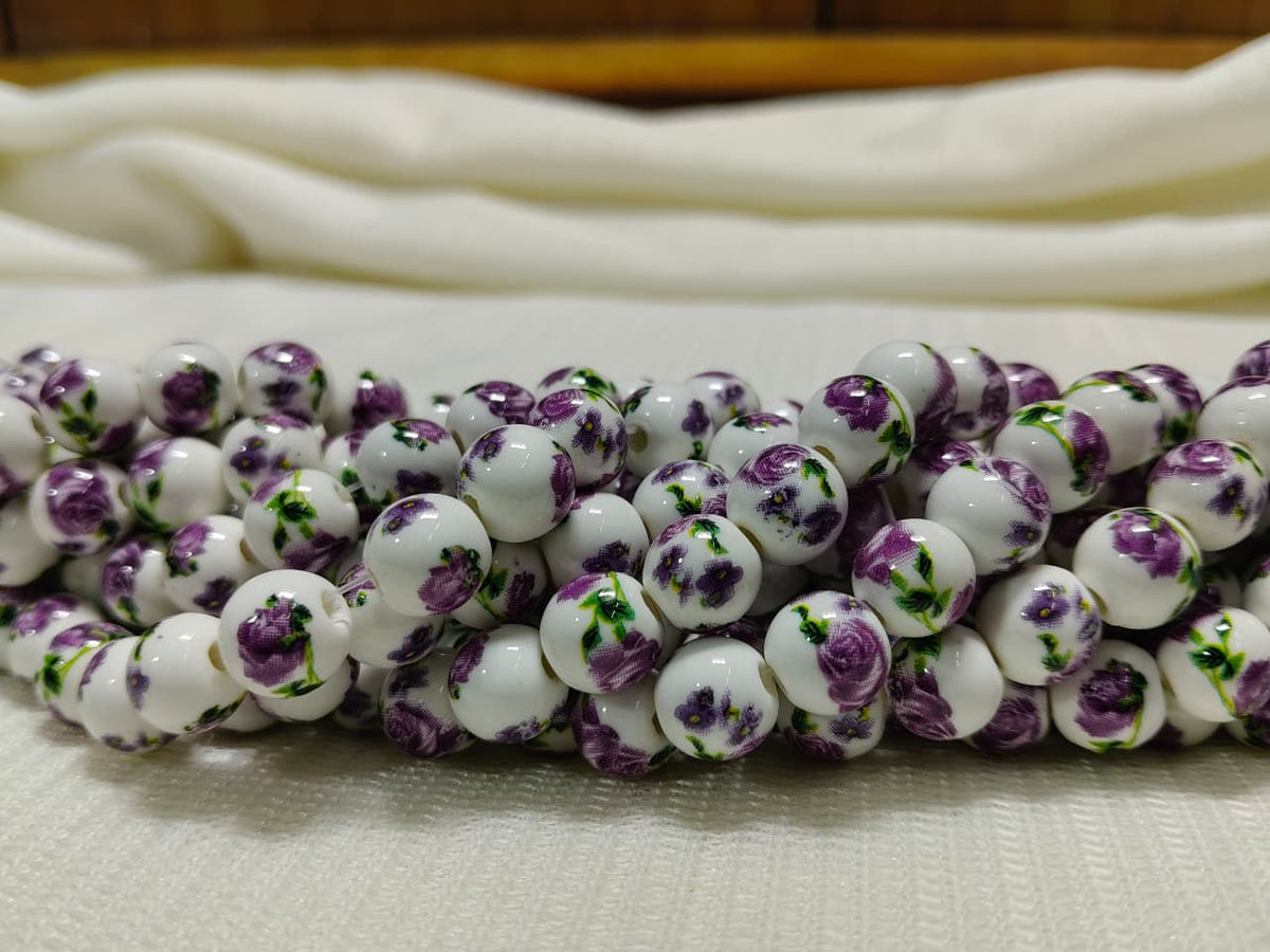 Printed Ceramic Beads Single String | White Round Floral Design Beads for Jewellery Making