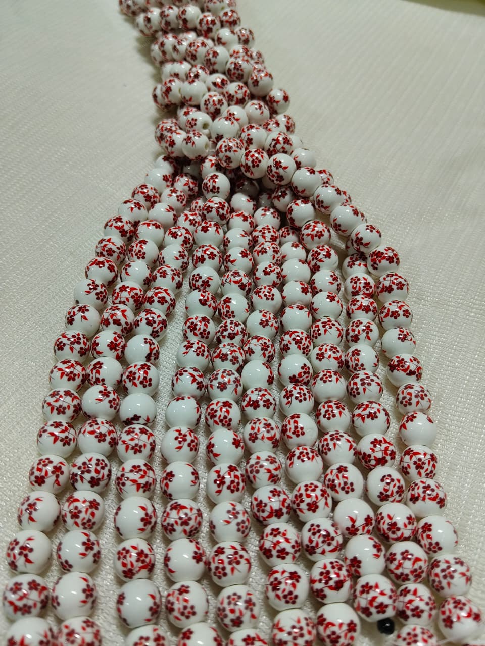 Printed Ceramic Beads Single String | White Round Floral Design Beads for Jewellery Making