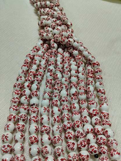 Printed Ceramic Beads Single String | White Round Floral Design Beads for Jewellery Making
