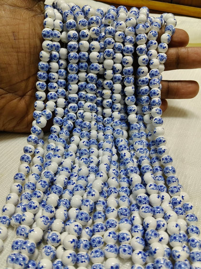 Printed Ceramic Beads Single String | White Round Floral Design Beads for Jewellery Making