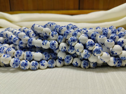 Printed Ceramic Beads Single String | White Round Floral Design Beads for Jewellery Making