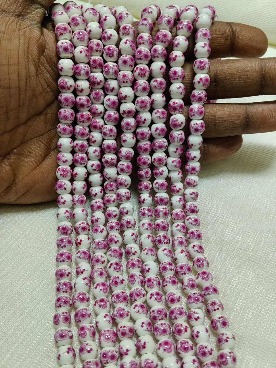 Printed Ceramic Beads Single String | White Round Floral Design Beads for Jewellery Making